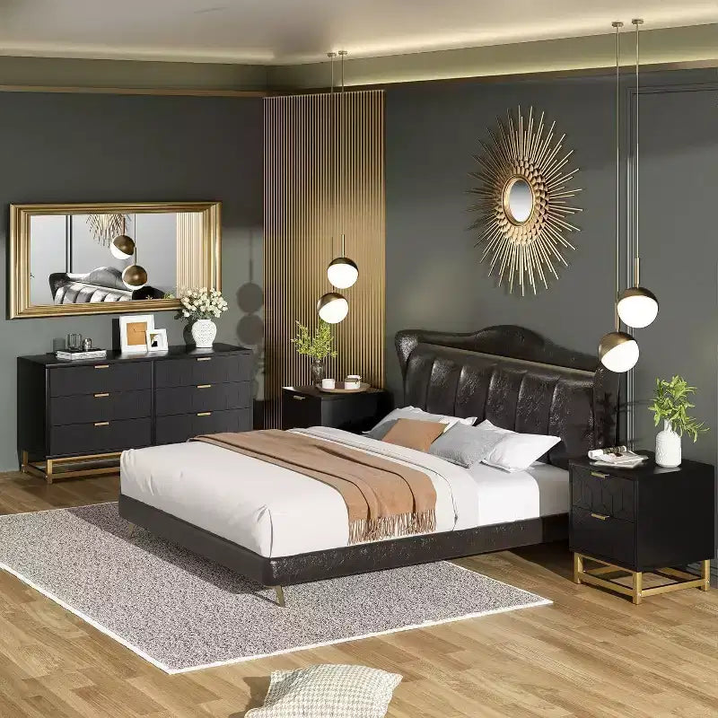 Commode Acekool à 6 tiroirs, commode géométrique moderne avec accents dorés et étagère ouverte, rangement large pour chambre, salon, entrée