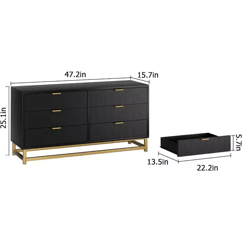 Commode Acekool à 6 tiroirs, commode géométrique moderne avec accents dorés et étagère ouverte, rangement large pour chambre, salon, entrée