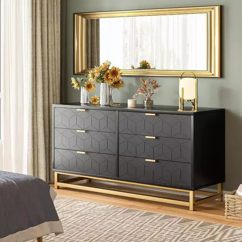 Commode Acekool à 6 tiroirs, commode géométrique moderne avec accents dorés et étagère ouverte, rangement large pour chambre, salon, entrée