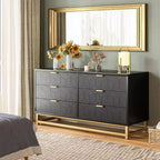 Commode Acekool à 6 tiroirs, commode géométrique moderne avec accents dorés et étagère ouverte, rangement large pour chambre, salon, entrée