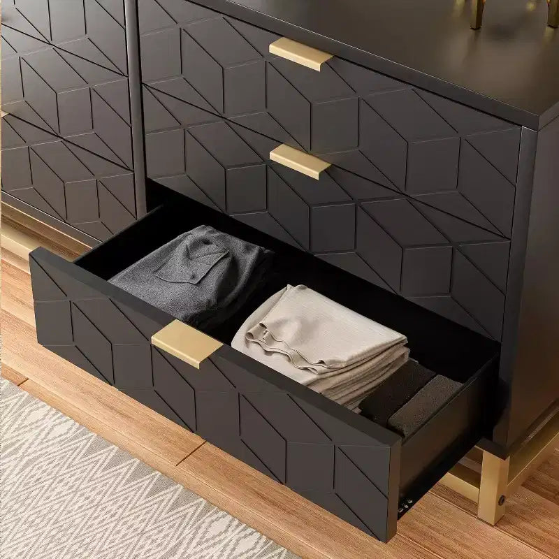 Commode Acekool à 6 tiroirs, commode géométrique moderne avec accents dorés et étagère ouverte, rangement large pour chambre, salon, entrée