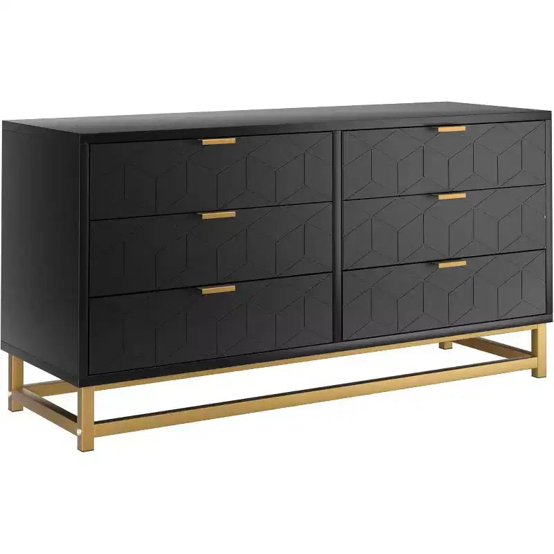 Commode Acekool à 6 tiroirs, commode géométrique moderne avec accents dorés et étagère ouverte, rangement large pour chambre, salon, entrée