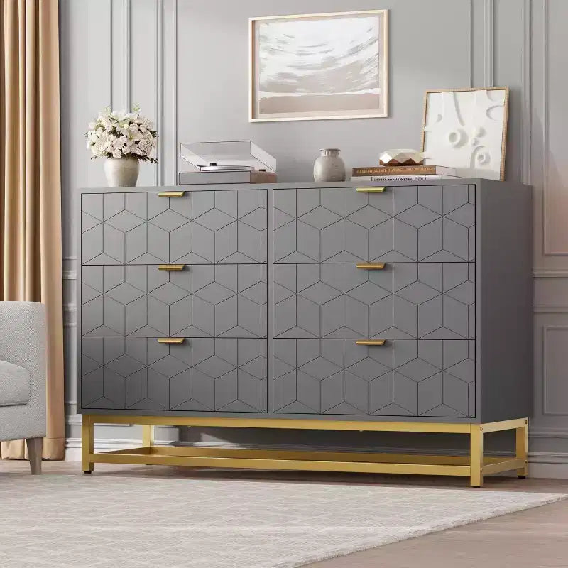 Commode Acekool à 6 tiroirs, commode géométrique moderne avec accents dorés et étagère ouverte, rangement large pour chambre, salon, entrée