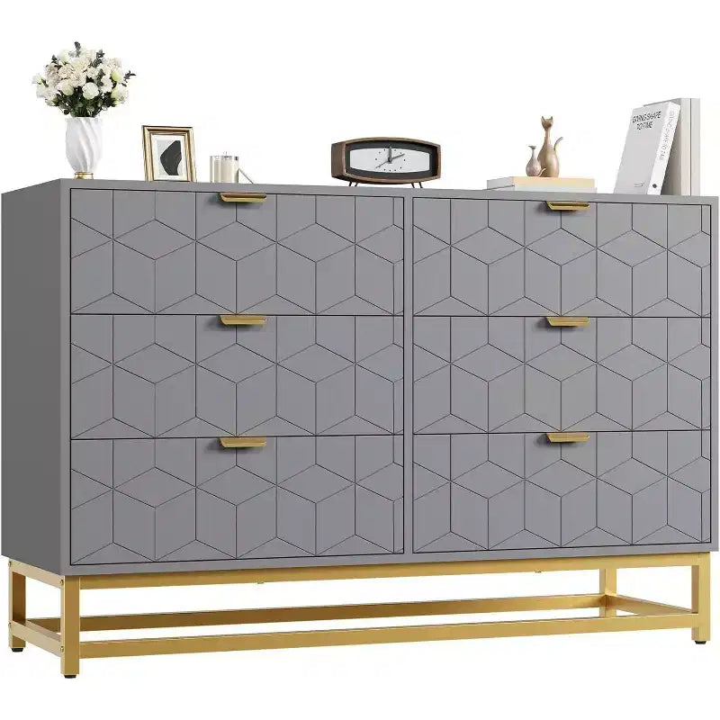 Commode Acekool à 6 tiroirs, commode géométrique moderne avec accents dorés et étagère ouverte, rangement large pour chambre, salon, entrée
