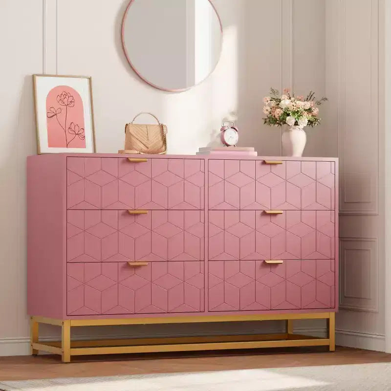 Commode Acekool à 6 tiroirs, commode géométrique moderne avec accents dorés et étagère ouverte, rangement large pour chambre, salon, entrée