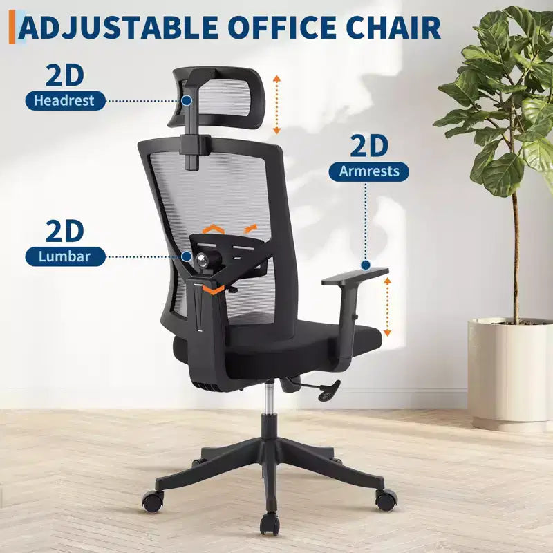 Chaise de bureau à dossier haut COZONY avec support lombaire réglable, chaise de bureau en maille avec accoudoirs relevables pour la maison ou le bureau