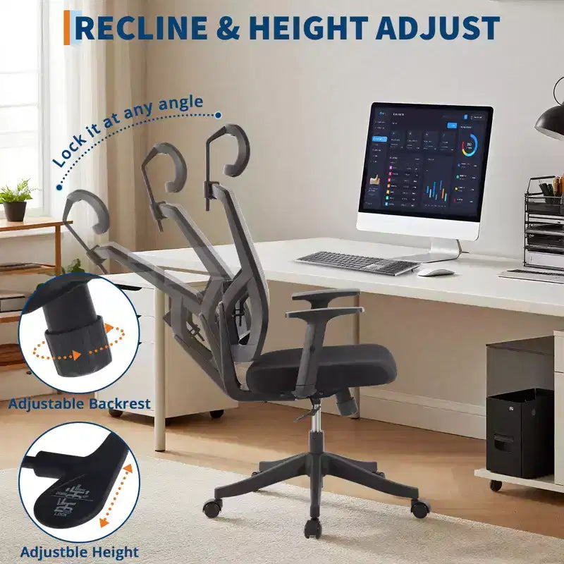 Chaise de bureau à dossier haut COZONY avec support lombaire réglable, chaise de bureau en maille avec accoudoirs relevables pour la maison ou le bureau