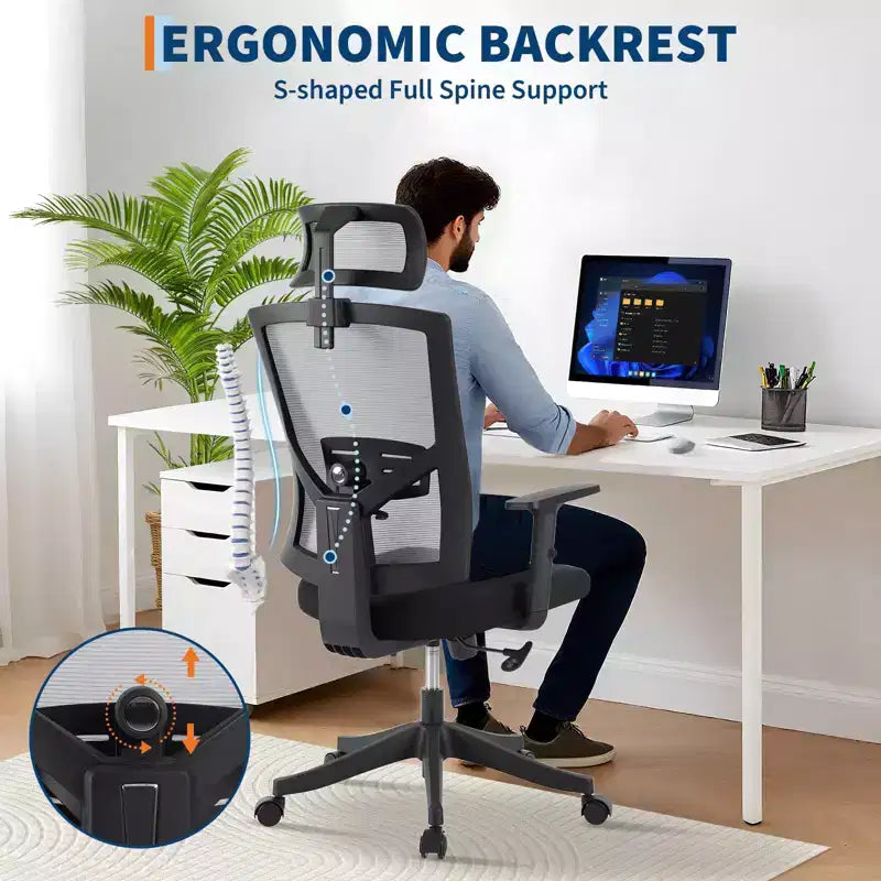 Chaise de bureau à dossier haut COZONY avec support lombaire réglable, chaise de bureau en maille avec accoudoirs relevables pour la maison ou le bureau