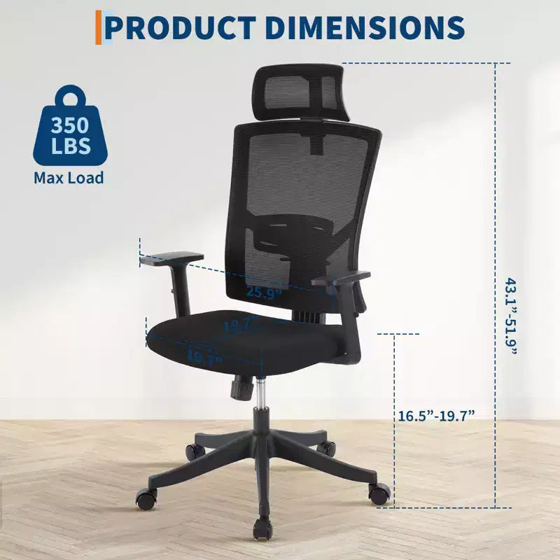 Chaise de bureau à dossier haut COZONY avec support lombaire réglable, chaise de bureau en maille avec accoudoirs relevables pour la maison ou le bureau