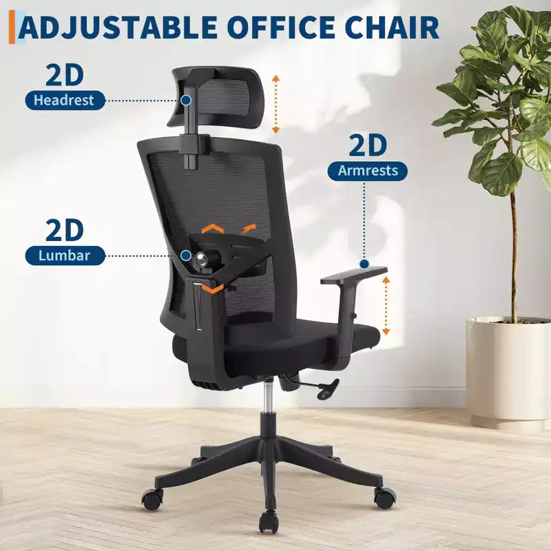 Chaise de bureau à dossier haut COZONY avec support lombaire réglable, chaise de bureau en maille avec accoudoirs relevables pour la maison ou le bureau