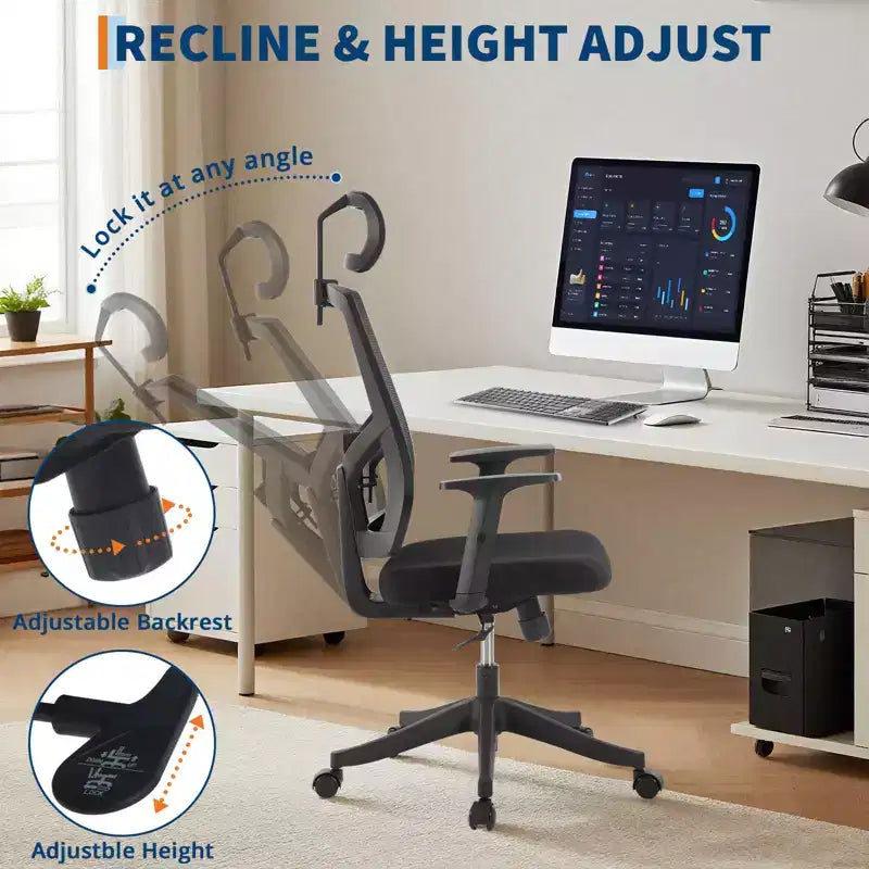 Chaise de bureau à dossier haut COZONY avec support lombaire réglable, chaise de bureau en maille avec accoudoirs relevables pour la maison ou le bureau