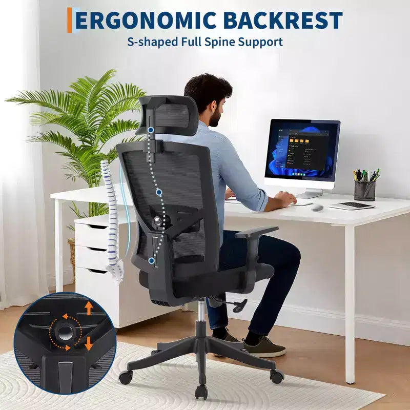 Chaise de bureau à dossier haut COZONY avec support lombaire réglable, chaise de bureau en maille avec accoudoirs relevables pour la maison ou le bureau