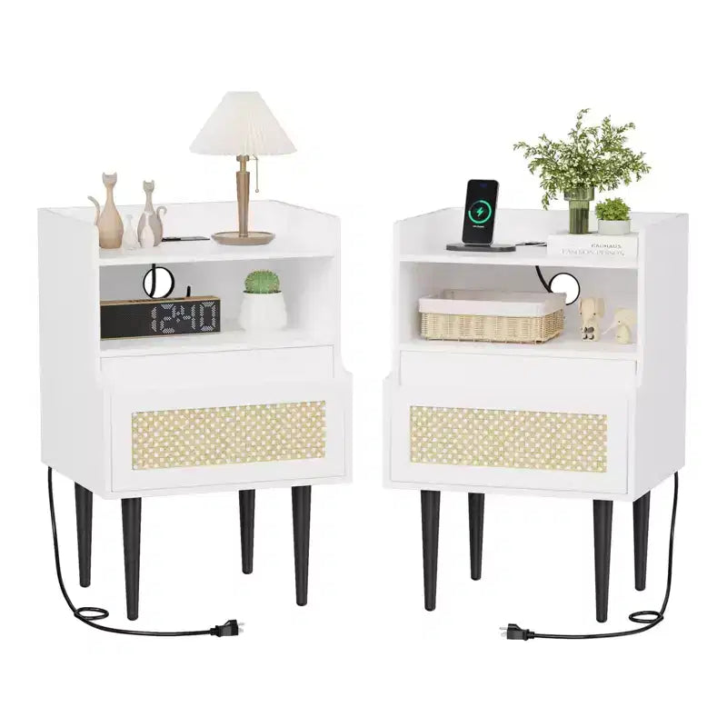 Set of 2 Rattan Nightstands, Boho Bedside Tables with Drawer & Open Shelf, Solid Wood Legs for Bedroom