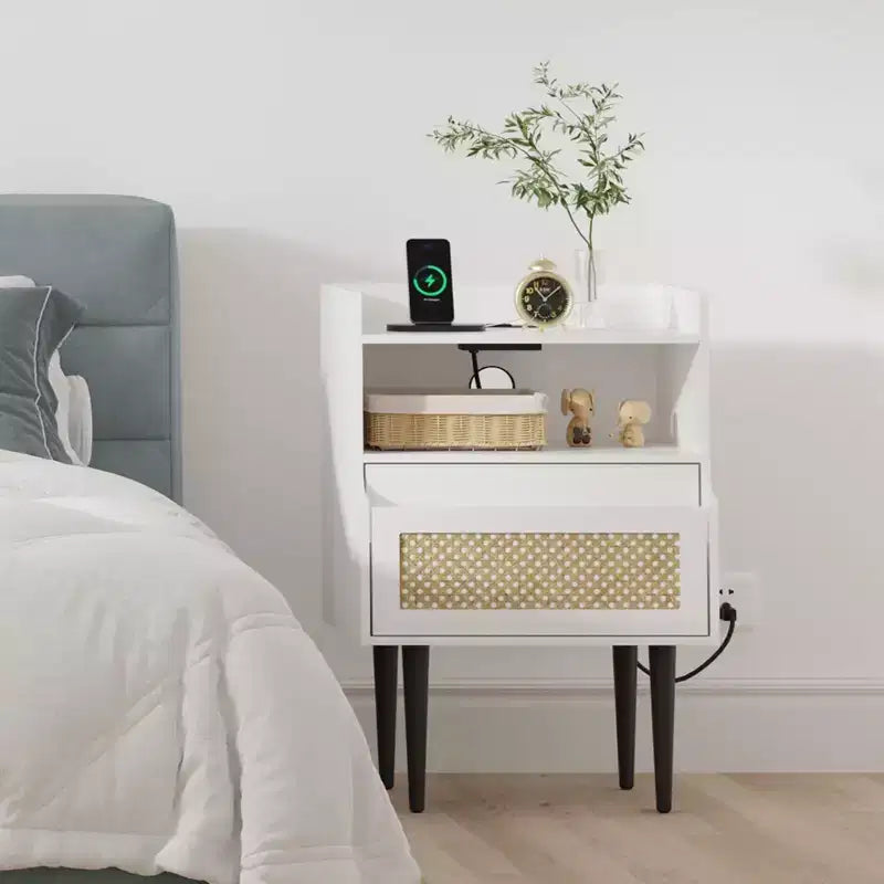 Lot de 2 tables de chevet en rotin, tables de nuit bohèmes avec tiroir et étagère ouverte, pieds en bois massif pour chambre à coucher