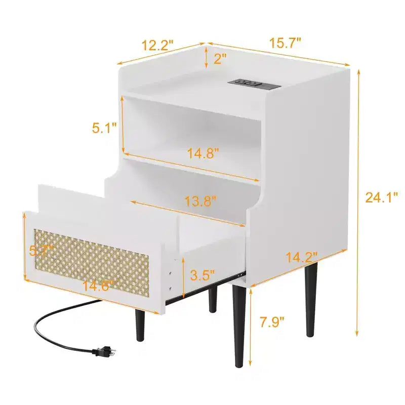 Lot de 2 tables de chevet en rotin, tables de nuit bohèmes avec tiroir et étagère ouverte, pieds en bois massif pour chambre à coucher
