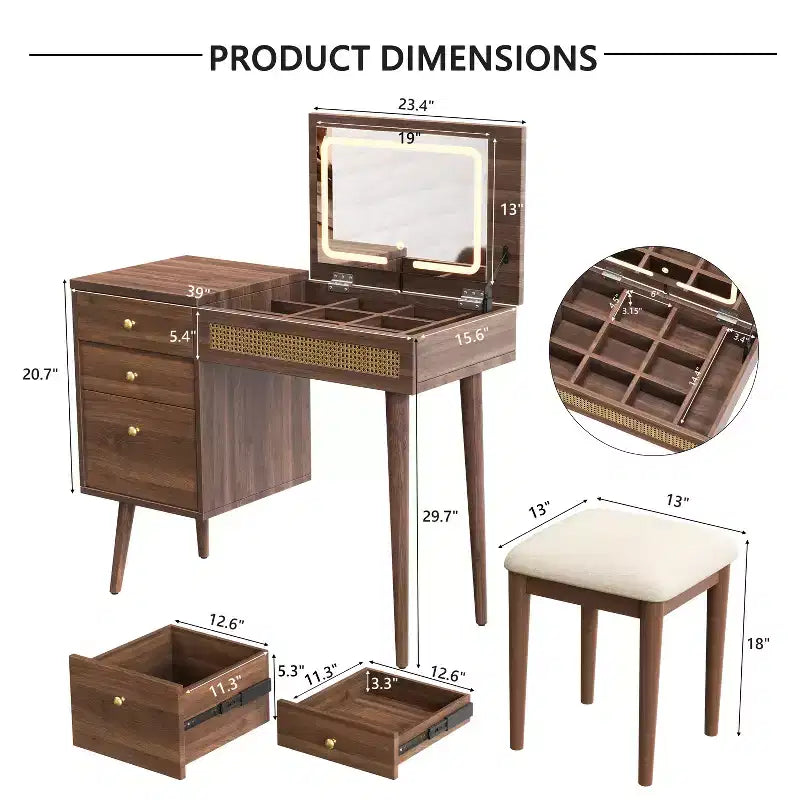 Coiffeuse de style rétro avec tabouret, miroir, lumières LED, plateau rabattable, 3 tiroirs et 10 compartiments, table de maquillage pour chambre à coucher, noyer