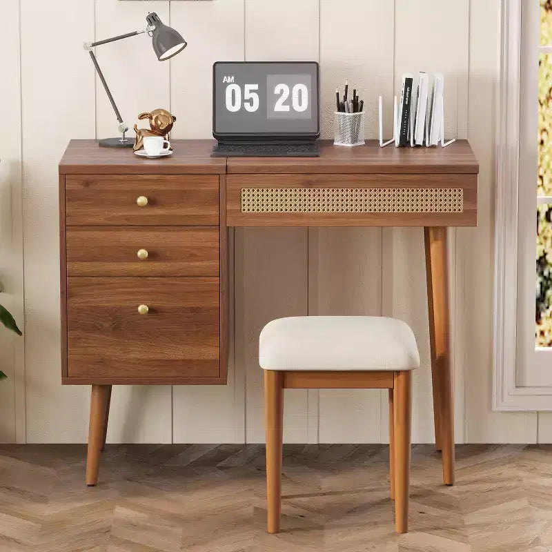 Coiffeuse de style rétro avec tabouret, miroir, lumières LED, plateau rabattable, 3 tiroirs et 10 compartiments, table de maquillage pour chambre à coucher, noyer