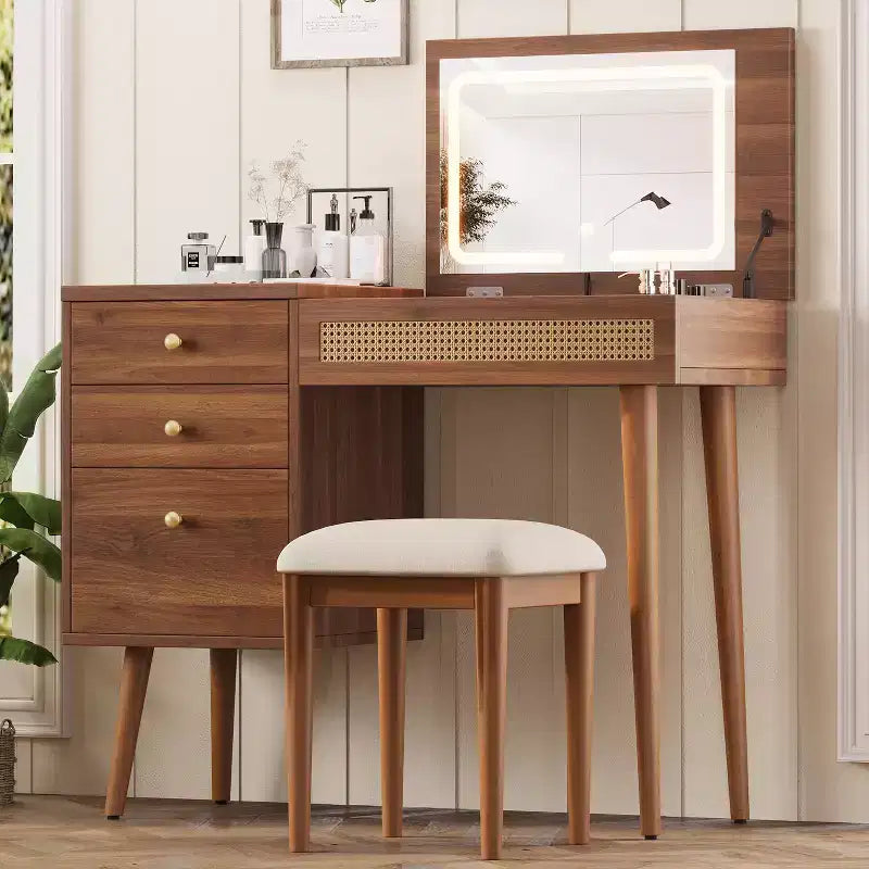Coiffeuse de style rétro avec tabouret, miroir, lumières LED, plateau rabattable, 3 tiroirs et 10 compartiments, table de maquillage pour chambre à coucher, noyer