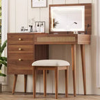 Coiffeuse de style rétro avec tabouret, miroir, lumières LED, plateau rabattable, 3 tiroirs et 10 compartiments, table de maquillage pour chambre à coucher, noyer
