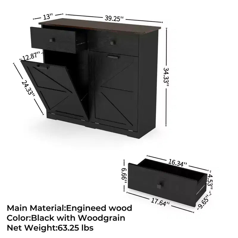Meuble poubelle double basculant de style ferme Okak avec poubelles et tiroirs, meuble de rangement/buanderie/recyclage pour chambre à coucher, salle à manger