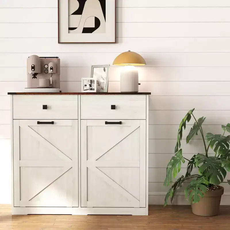 Meuble poubelle double basculant de style ferme Okak avec poubelles et tiroirs, meuble de rangement/buanderie/recyclage pour chambre à coucher, salle à manger