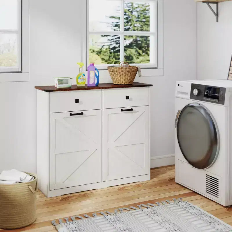 Meuble poubelle double basculant de style ferme Okak avec poubelles et tiroirs, meuble de rangement/buanderie/recyclage pour chambre à coucher, salle à manger