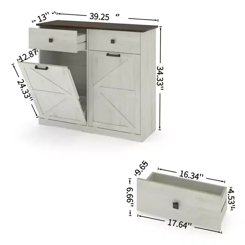 Meuble poubelle double basculant de style ferme Okak avec poubelles et tiroirs, meuble de rangement/buanderie/recyclage pour chambre à coucher, salle à manger
