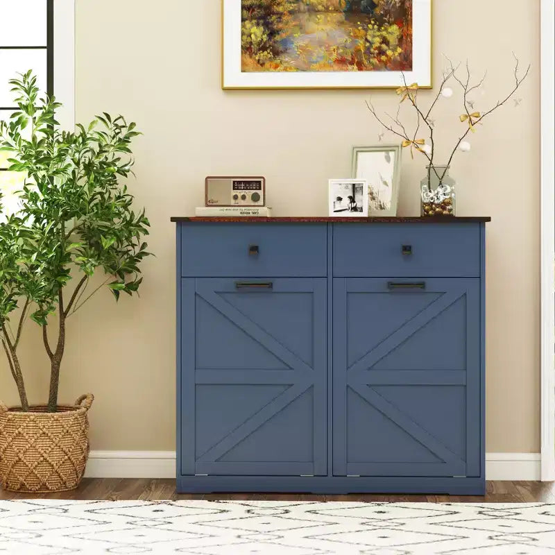 Meuble poubelle double basculant de style ferme Okak avec poubelles et tiroirs, meuble de rangement/buanderie/recyclage pour chambre à coucher, salle à manger