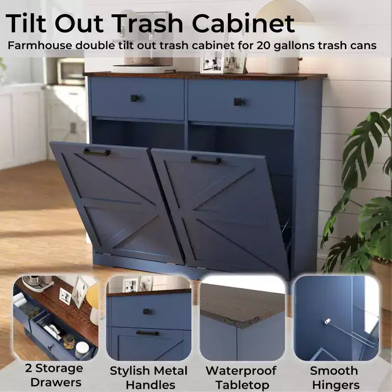 Meuble poubelle double basculant de style ferme Okak avec poubelles et tiroirs, meuble de rangement/buanderie/recyclage pour chambre à coucher, salle à manger