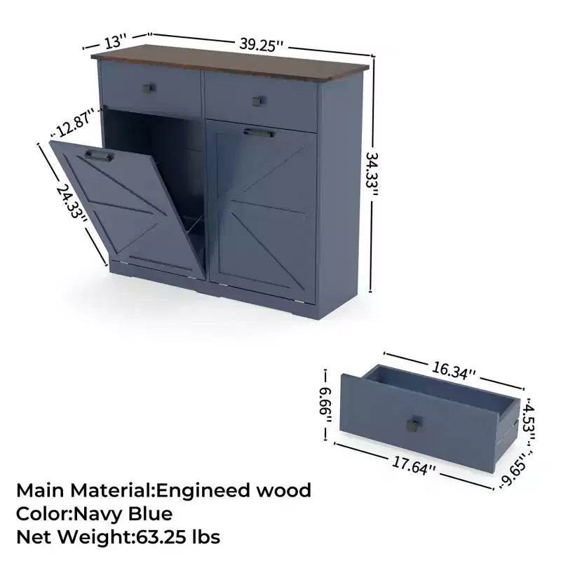 Meuble poubelle double basculant de style ferme Okak avec poubelles et tiroirs, meuble de rangement/buanderie/recyclage pour chambre à coucher, salle à manger