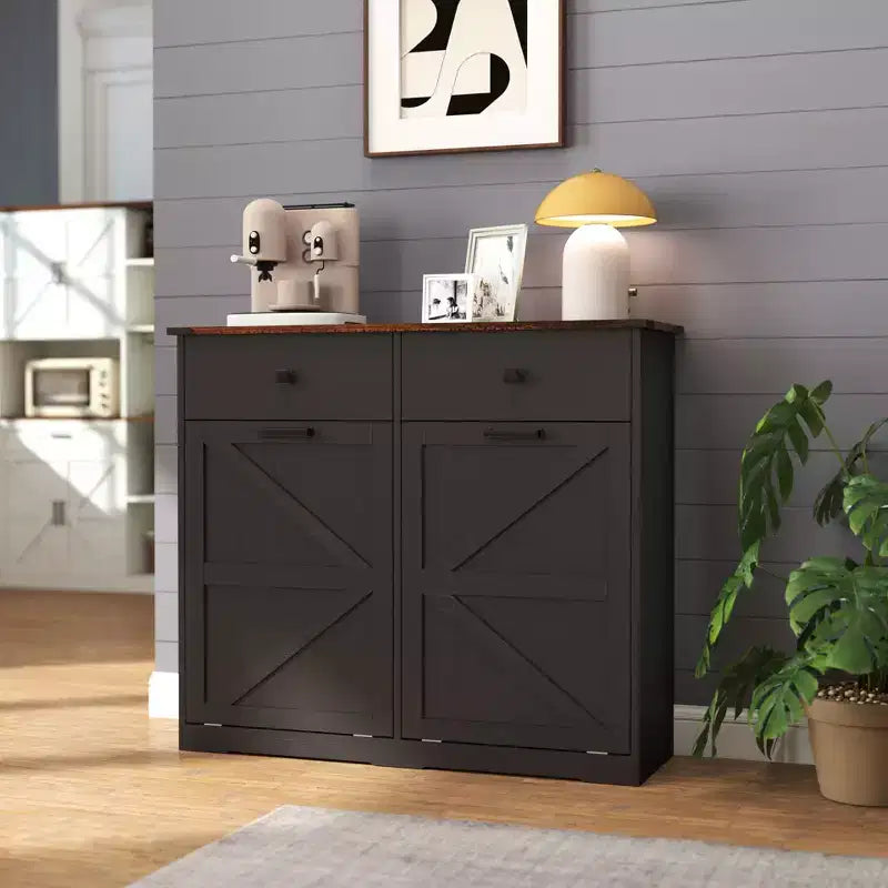 Meuble poubelle double basculant de style ferme Okak avec poubelles et tiroirs, meuble de rangement/buanderie/recyclage pour chambre à coucher, salle à manger