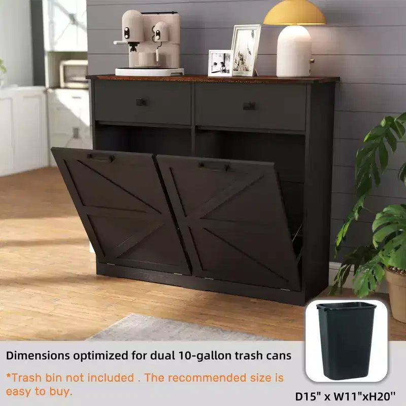 Meuble poubelle double basculant de style ferme Okak avec poubelles et tiroirs, meuble de rangement/buanderie/recyclage pour chambre à coucher, salle à manger