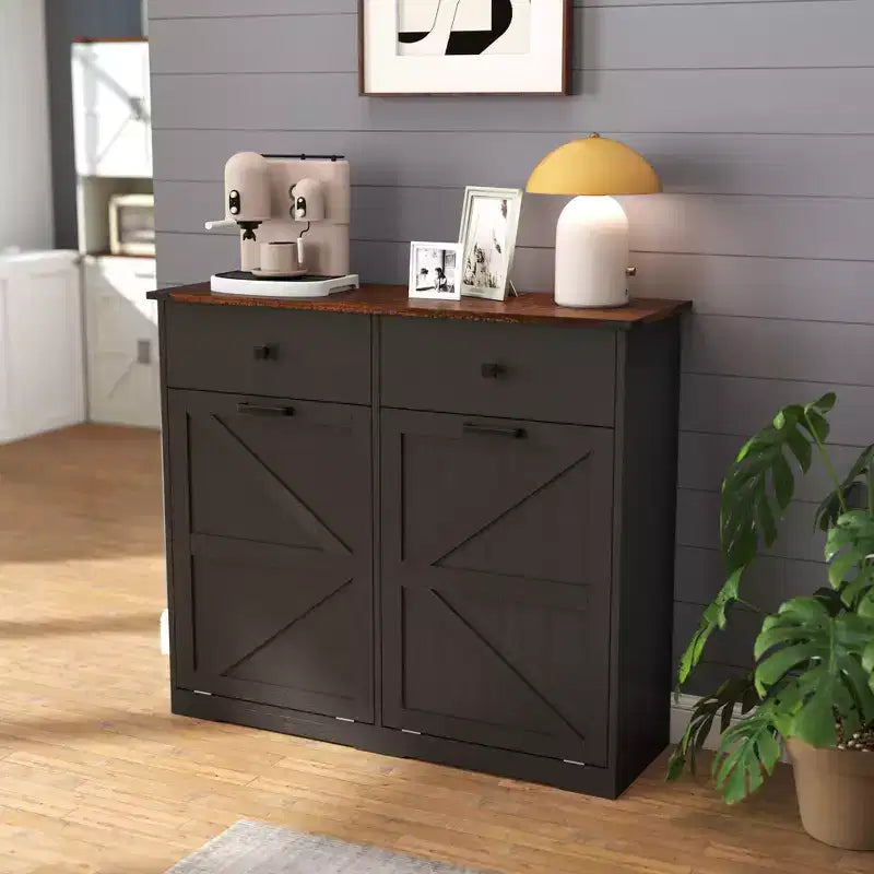 Meuble poubelle double basculant de style ferme Okak avec poubelles et tiroirs, meuble de rangement/buanderie/recyclage pour chambre à coucher, salle à manger