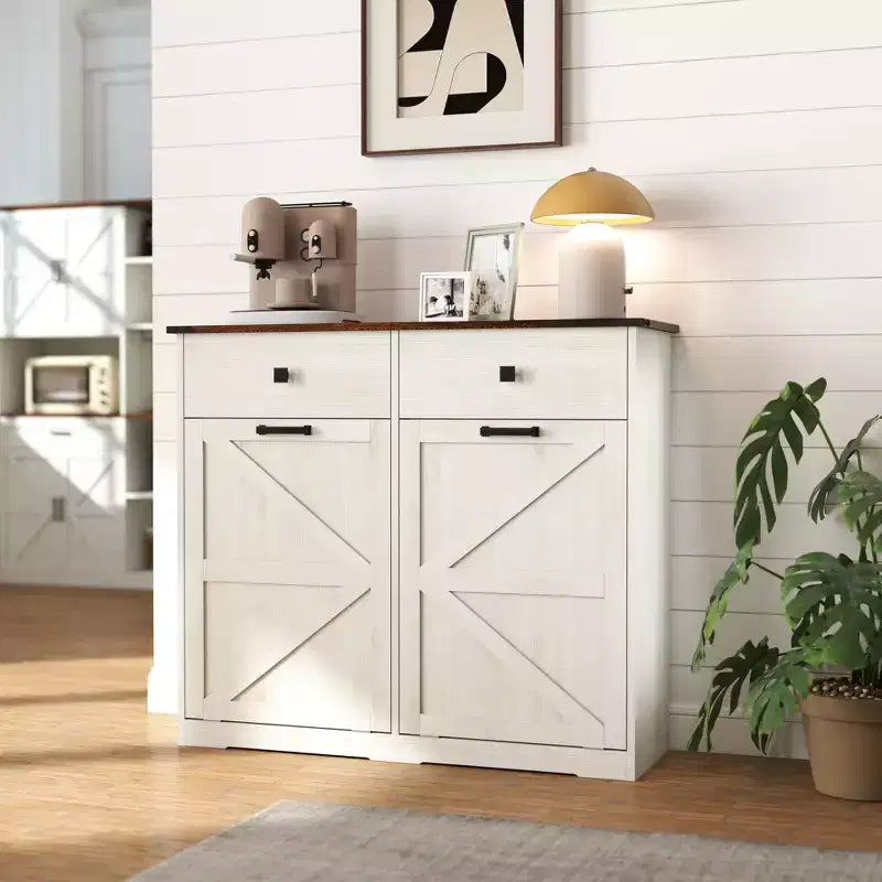 Meuble poubelle double basculant de style ferme Okak avec poubelles et tiroirs, meuble de rangement/buanderie/recyclage pour chambre à coucher, salle à manger