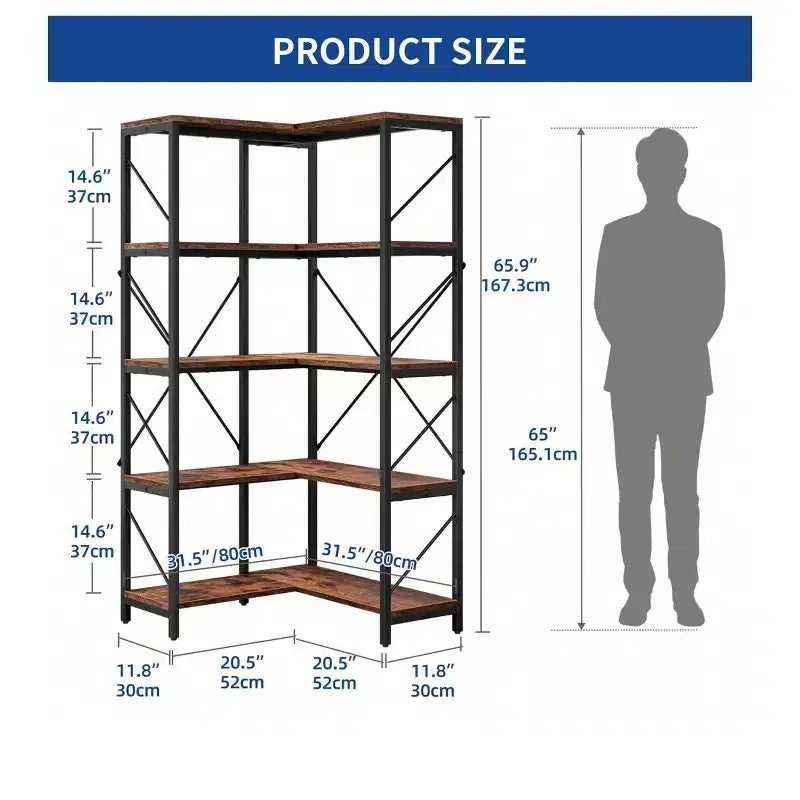 Bibliothèque Balconera à 5 Niveaux Étagère d'Angle en Forme de L Présentoir de Rangement pour Chambre à Coucher, Salon, Bureau à Domicile