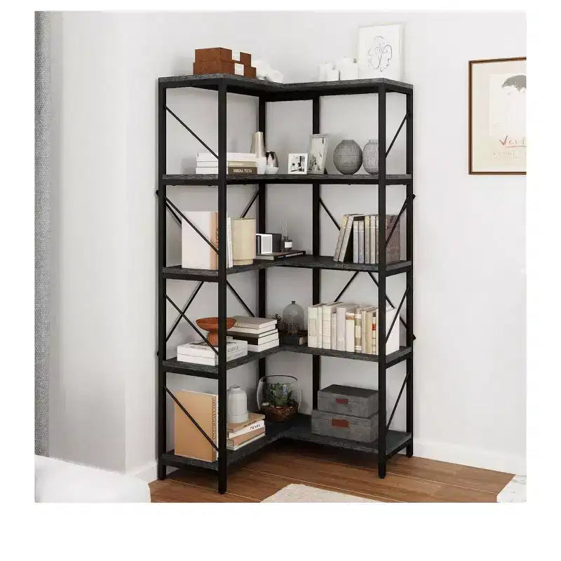 Bibliothèque Balconera à 5 Niveaux Étagère d'Angle en Forme de L Présentoir de Rangement pour Chambre à Coucher, Salon, Bureau à Domicile