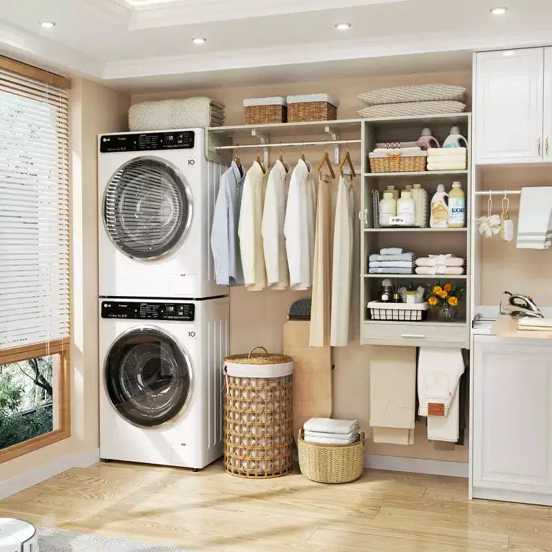 Besiost Laundry Room Closet System with Hanging Rods, Wall-Mounted Closet Organizer with Storage Shelves and Drawers