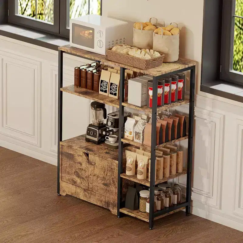 Meuble de cuisine à 5 niveaux avec armoire, organiseur de micro-ondes autoportant de 97 cm avec étagères, station de café pour cuisine, bureau