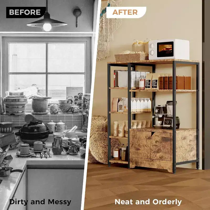 Meuble de cuisine à 5 niveaux avec armoire, organiseur de micro-ondes autoportant de 97 cm avec étagères, station de café pour cuisine, bureau