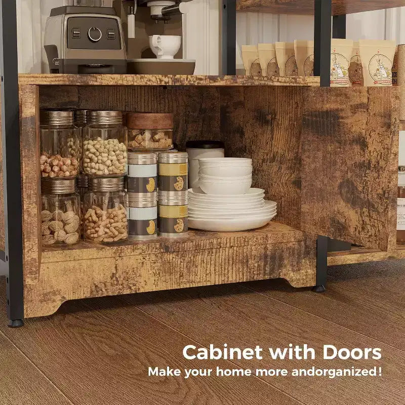 Meuble de cuisine à 5 niveaux avec armoire, organiseur de micro-ondes autoportant de 97 cm avec étagères, station de café pour cuisine, bureau