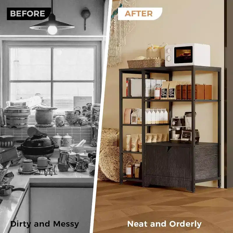 Meuble de cuisine à 5 niveaux avec armoire, organiseur de micro-ondes autoportant de 97 cm avec étagères, station de café pour cuisine, bureau