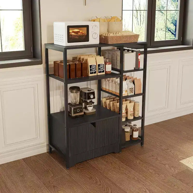 Meuble de cuisine à 5 niveaux avec armoire, organiseur de micro-ondes autoportant de 97 cm avec étagères, station de café pour cuisine, bureau