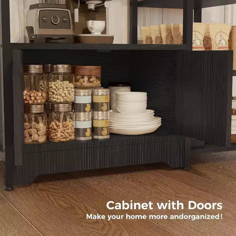 Meuble de cuisine à 5 niveaux avec armoire, organiseur de micro-ondes autoportant de 97 cm avec étagères, station de café pour cuisine, bureau