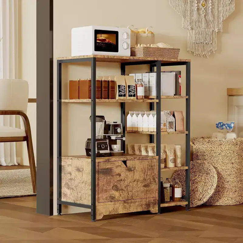 Meuble de cuisine à 5 niveaux avec armoire, organiseur de micro-ondes autoportant de 97 cm avec étagères, station de café pour cuisine, bureau