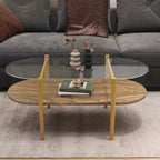MAYEERTY Oval Glass Coffee Table, 2 Tier Structure Clear Glass Top and Walnut Finish Wood Shelf Conical Legs with Gold Finish Frame