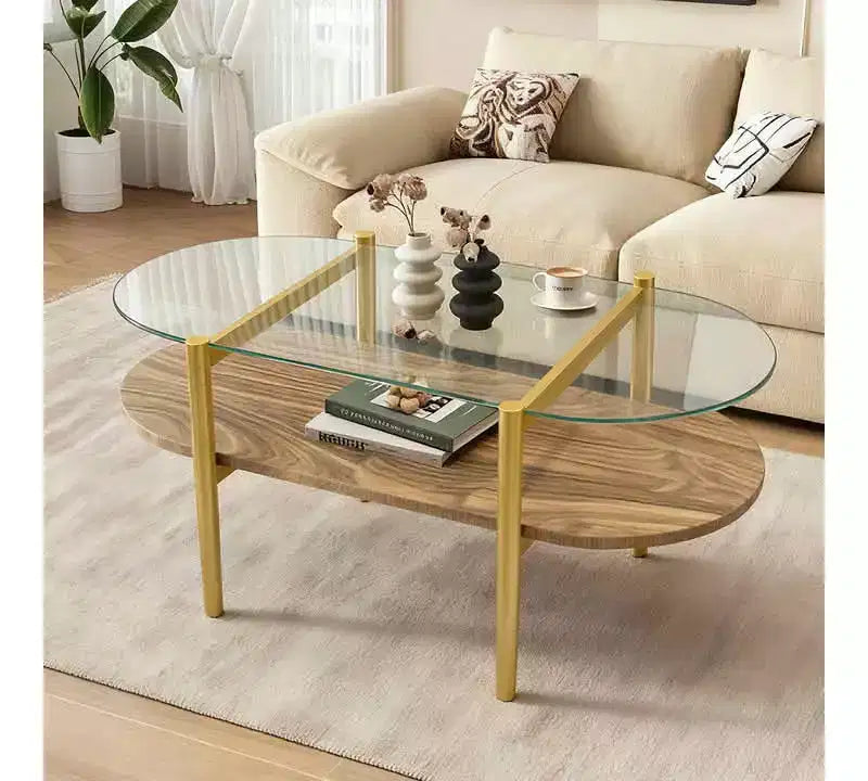 Table Basse Ovale en Verre MAYEERTY, Structure à 2 Niveaux Plateau en Verre Transparent et Étagère en Bois Noyer, Pieds Coniques avec Cadre Doré