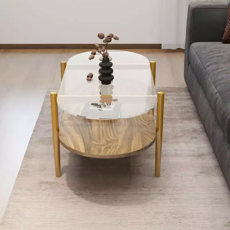 Table Basse Ovale en Verre MAYEERTY, Structure à 2 Niveaux Plateau en Verre Transparent et Étagère en Bois Noyer, Pieds Coniques avec Cadre Doré
