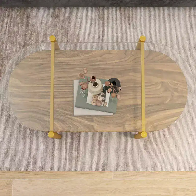 Table Basse Ovale en Verre MAYEERTY, Structure à 2 Niveaux Plateau en Verre Transparent et Étagère en Bois Noyer, Pieds Coniques avec Cadre Doré