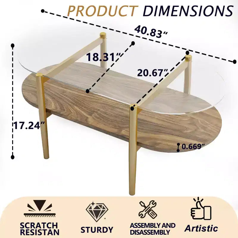 Table Basse Ovale en Verre MAYEERTY, Structure à 2 Niveaux Plateau en Verre Transparent et Étagère en Bois Noyer, Pieds Coniques avec Cadre Doré