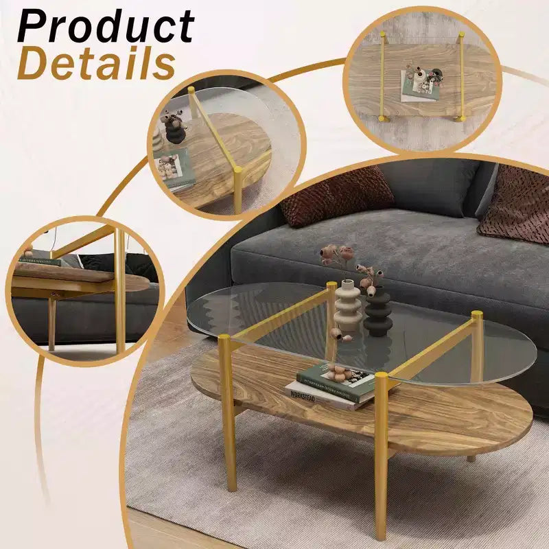 Table Basse Ovale en Verre MAYEERTY, Structure à 2 Niveaux Plateau en Verre Transparent et Étagère en Bois Noyer, Pieds Coniques avec Cadre Doré